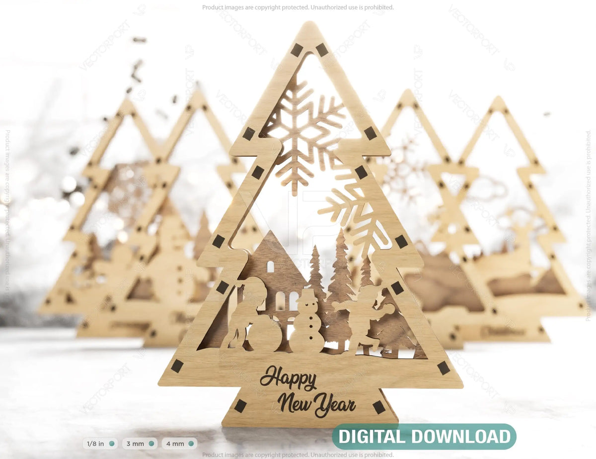 Christmas Tree Shaped Ornaments Tree Decorations Craft Standing New Year tree Snowy Scene Deer New Year Laser cut Digital Download |#U329|