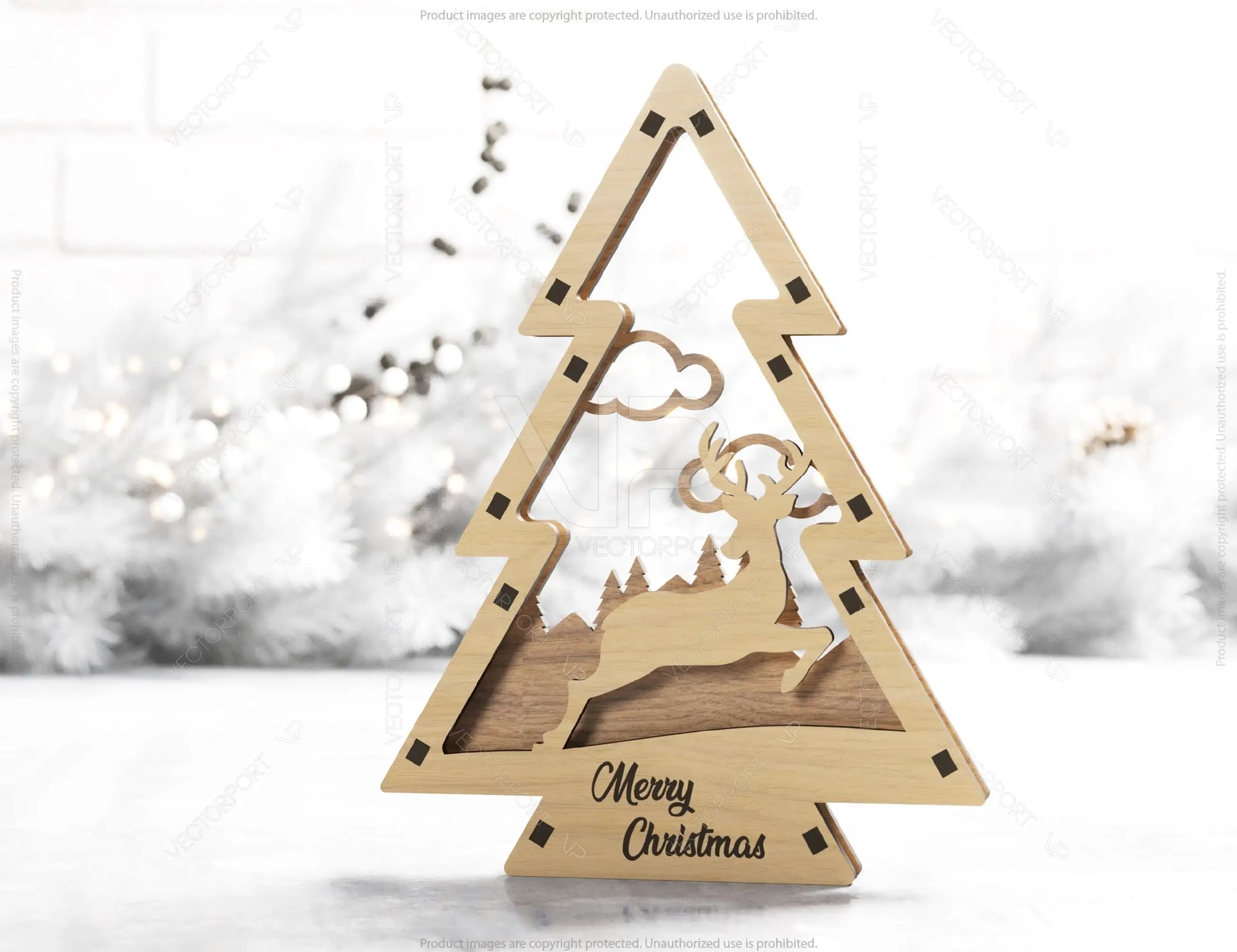 Christmas Tree Shaped Ornaments Tree Decorations Craft Standing New Year tree Snowy Scene Deer New Year Laser cut Digital Download |#U329|