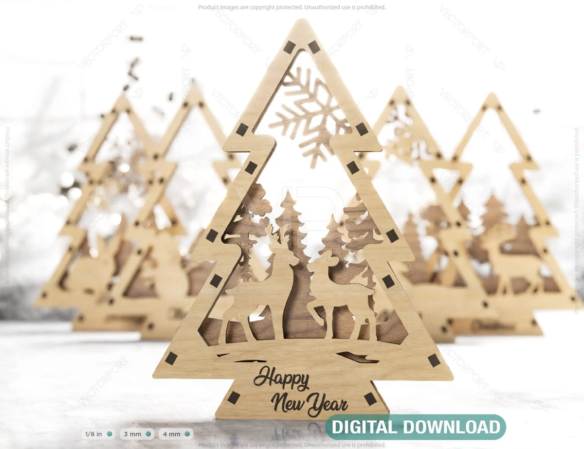 Christmas Tree Shaped Ornaments Tree Decorations Craft Standing New Year tree Snowy Scene Deer New Year Laser cut Digital Download |#U330|