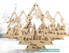 Christmas Tree Shaped Ornaments Tree Decorations Craft Standing New Year tree Snowy Scene Deer New Year Laser cut Digital Download |#U330|