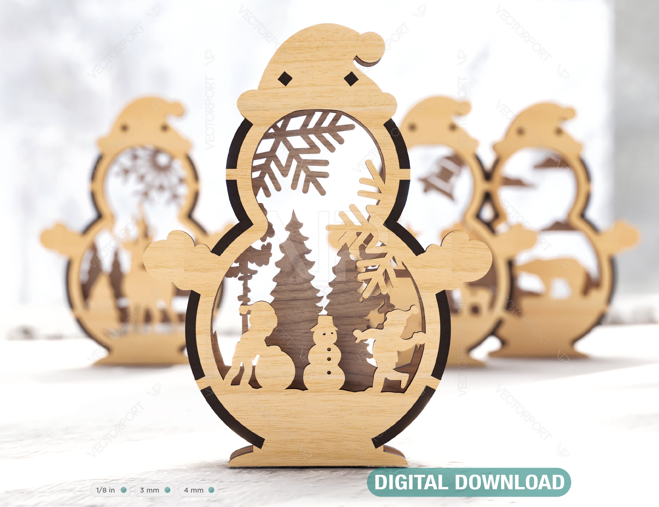 Snowman Shaped Ornaments Tree Decorations Craft Standing Snowman Year tree Snowy Scene Deer New Year Laser cut Digital Download |#U333|