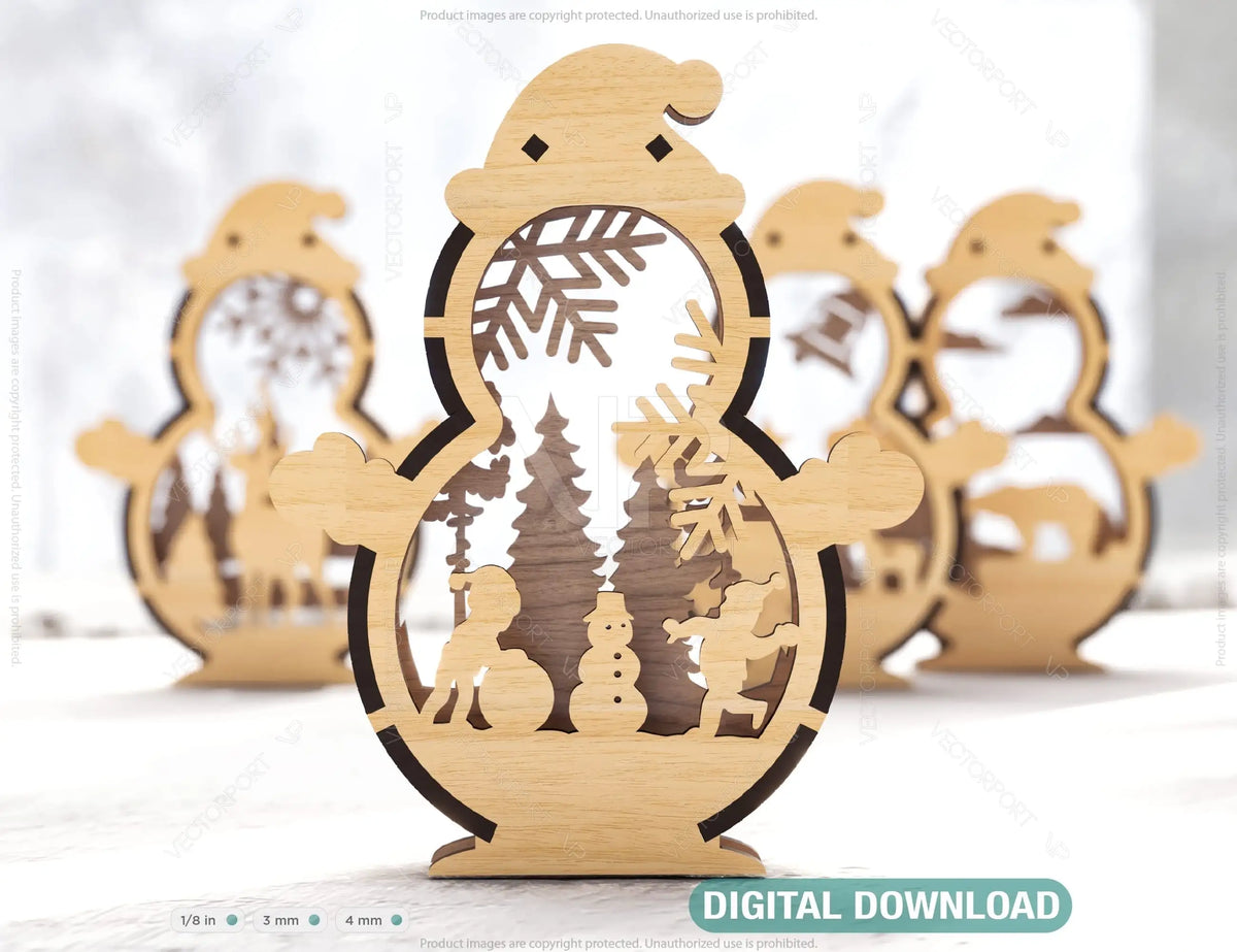 Snowman Shaped Ornaments Tree Decorations Craft Standing Snowman Year tree Snowy Scene Deer New Year Laser cut Digital Download |#U333|