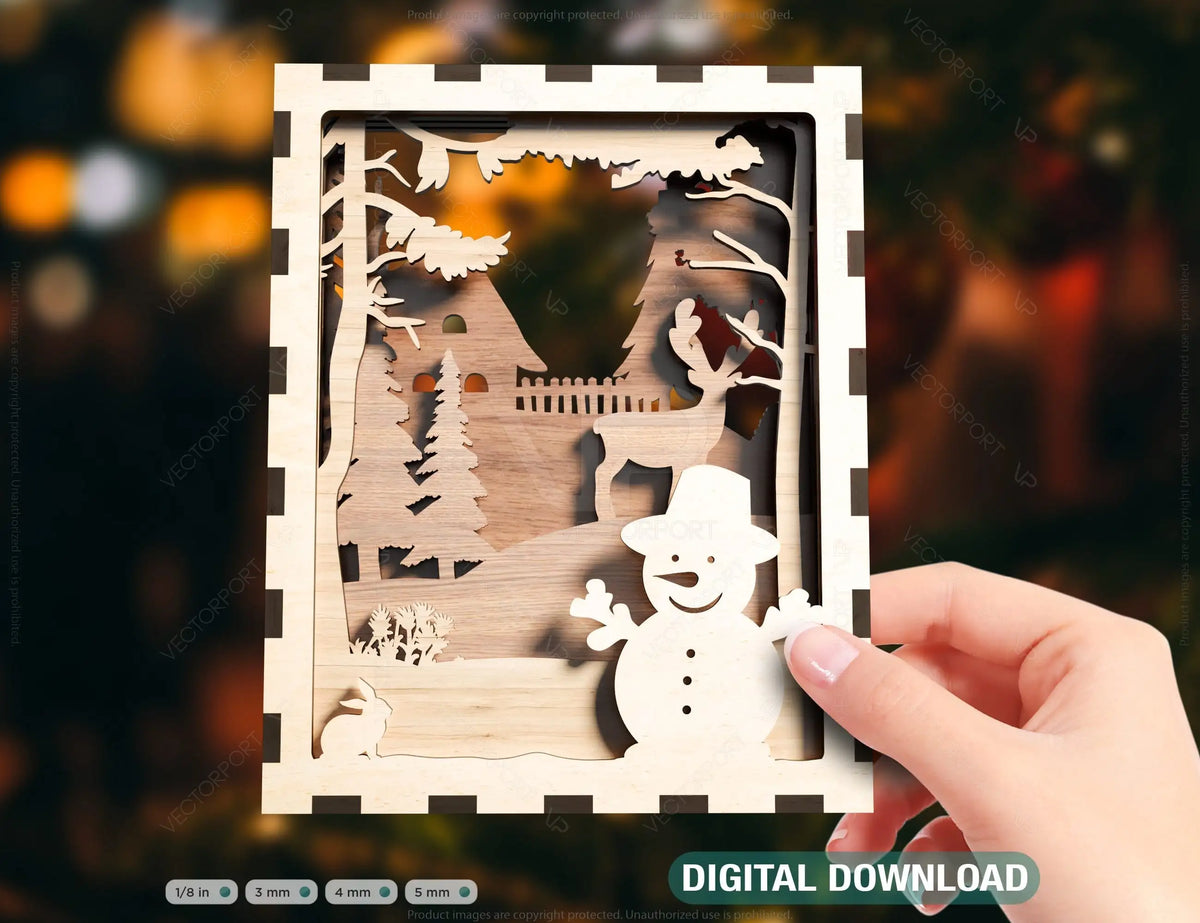 Christmas Multilayer Christmas Gift Ornament Snowman Deer Forest Scene Decorative Wooden Layered New Year laser cut Digital Download |#U341|