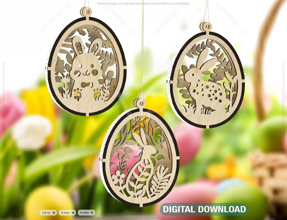 3D Easter Laser Cut Hanging Ornaments Egg Rabbits SVG layered Decor, Floral Bunny multilayer Digital Download |#U346|