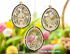 3D Easter Laser Cut Hanging Ornaments Egg Rabbits SVG layered Decor, Floral Bunny multilayer Digital Download |#U346|