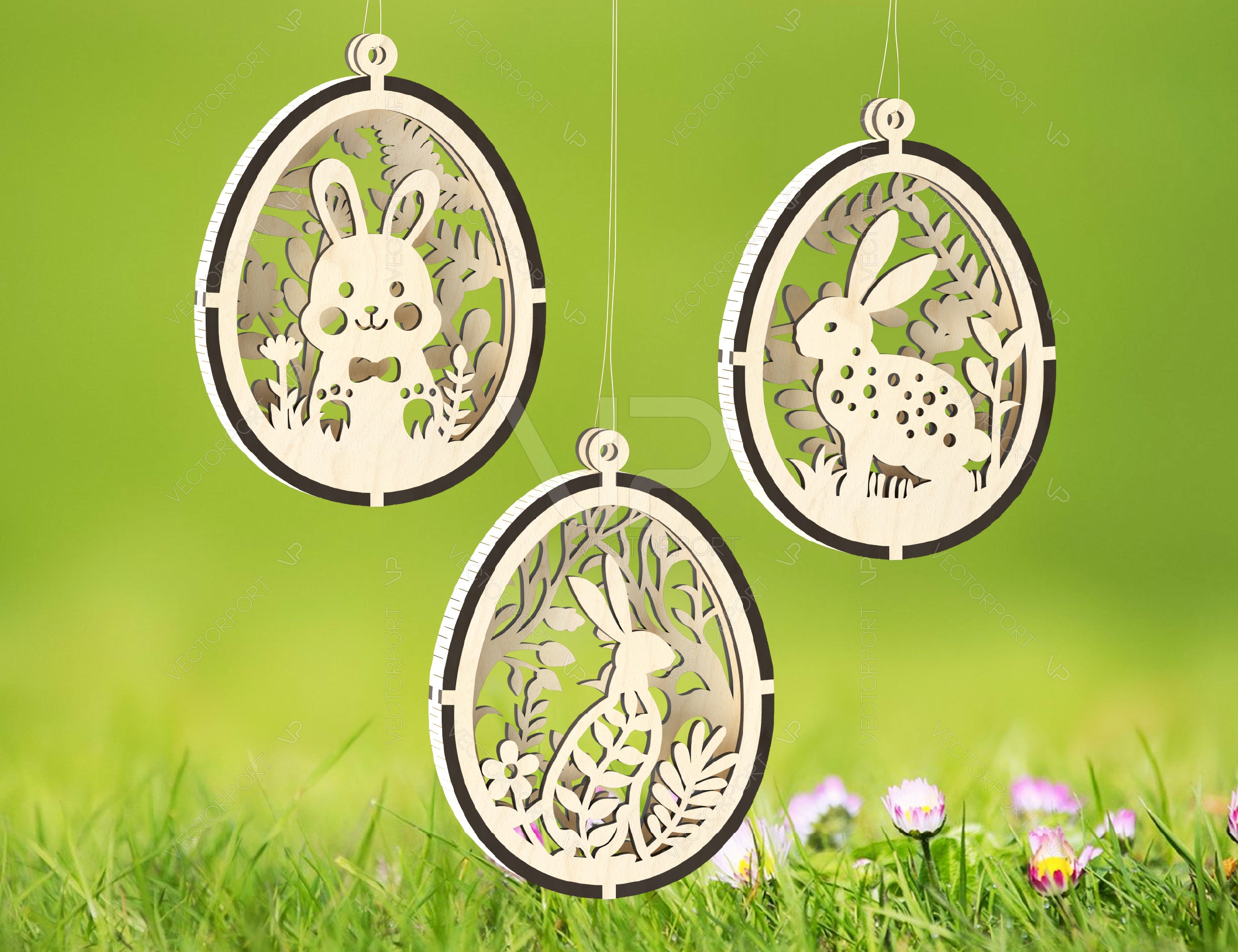 3D Easter Laser Cut Hanging Ornaments Egg Rabbits SVG layered Decor, Floral Bunny multilayer Digital Download |#U346|