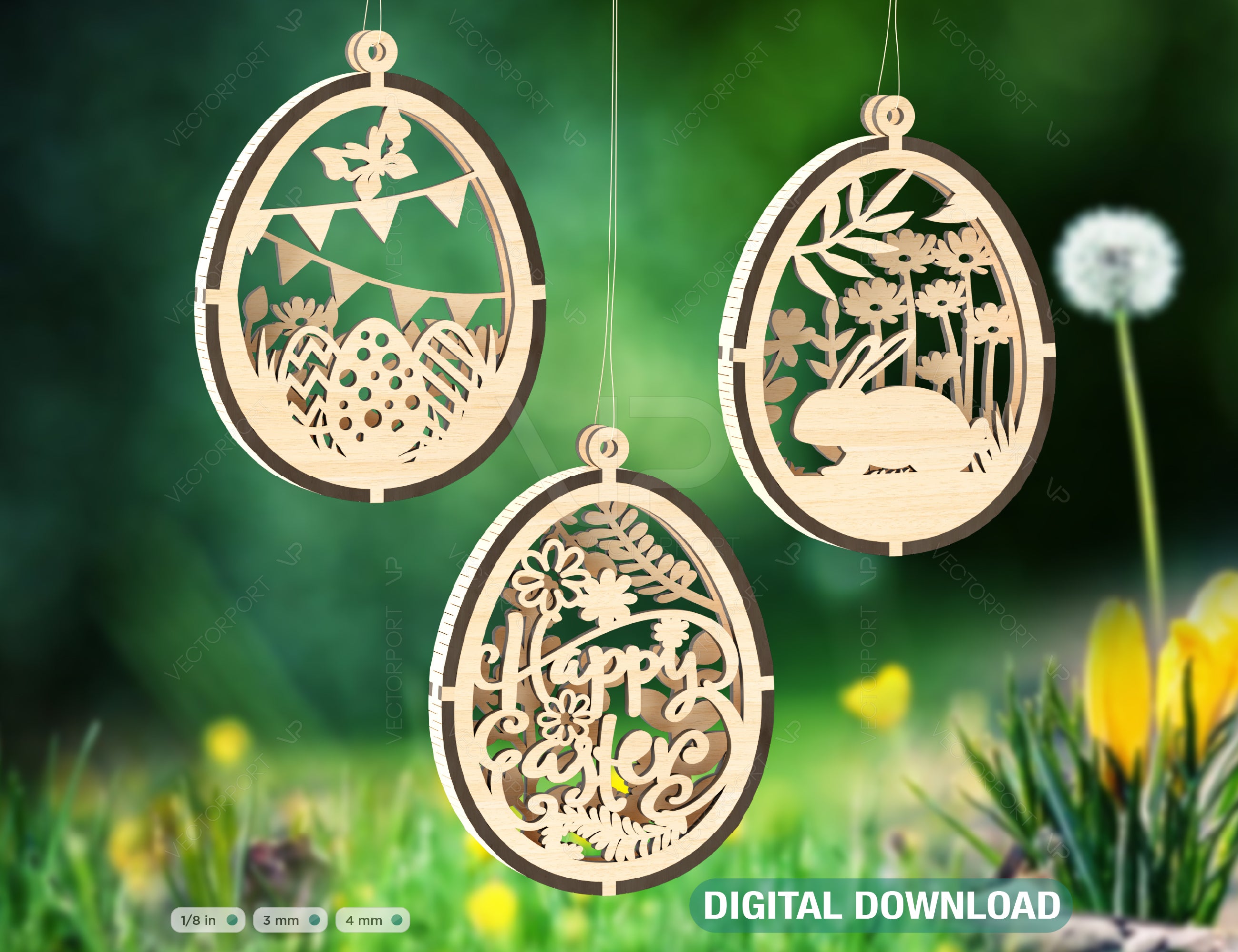 3D Easter Laser Cut Hanging Ornaments Egg Rabbits SVG layered Decor, Floral Bunny multilayer Digital Download |#U347|