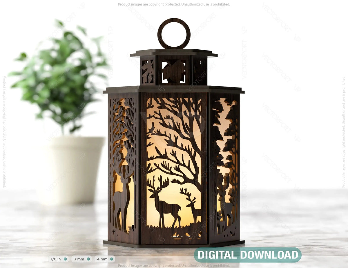 Forest Scene Candle Holder with Deer Tree Silhouette Tealight Lamp Night Light Lantern Digital Download |#U351|