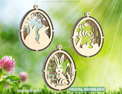 3D Easter Laser Cut Hanging Ornaments Egg Rabbits SVG layered Decor, Floral Bunny multilayer Digital Download |#U355|