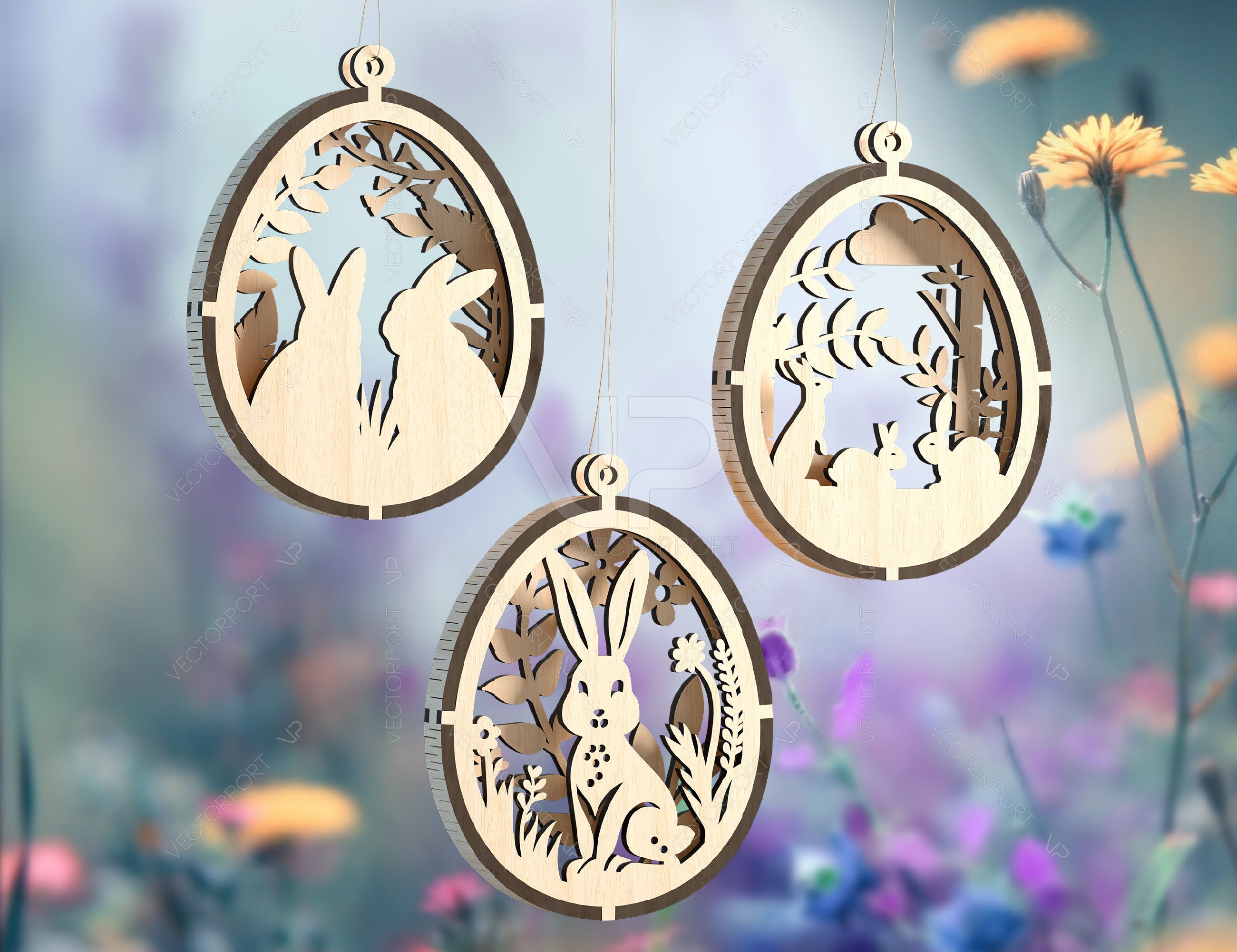 3D Easter Laser Cut Hanging Ornaments Egg Rabbits SVG layered Decor, Floral Bunny multilayer Digital Download |#U355|