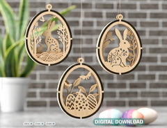 Easter Egg Hanging Ornaments Laser Cut Egg Rabbits SVG layered Decor, Floral Bunny multilayer Digital Download |#U358|