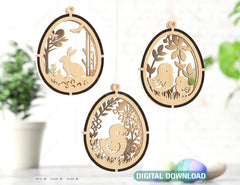 Easter Egg Hanging Ornaments Laser Cut Egg Rabbits SVG layered Decor, Floral Bunny multilayer Digital Download |#U359|