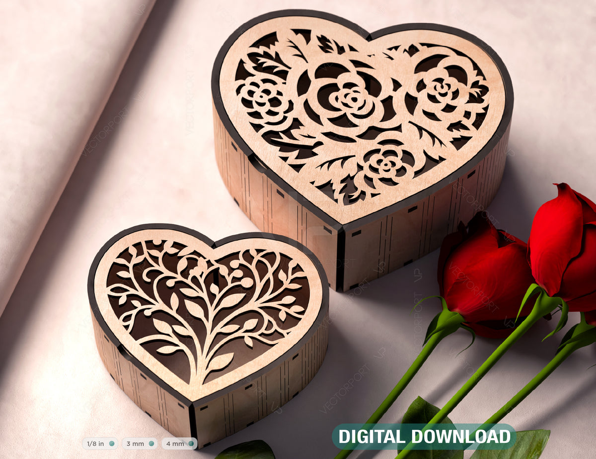 Heart shape Laser cut wooden gift box for Valentine’s Day, Jewelry case, Romantic Wedding box Digital Download |#U363|