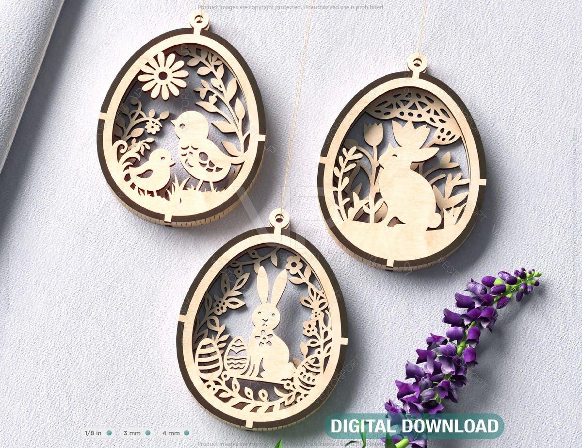 Easter Egg Hanging Ornaments Laser Cut Egg Rabbits SVG layered Decor, Floral Bunny multilayer Digital Download |#U365|