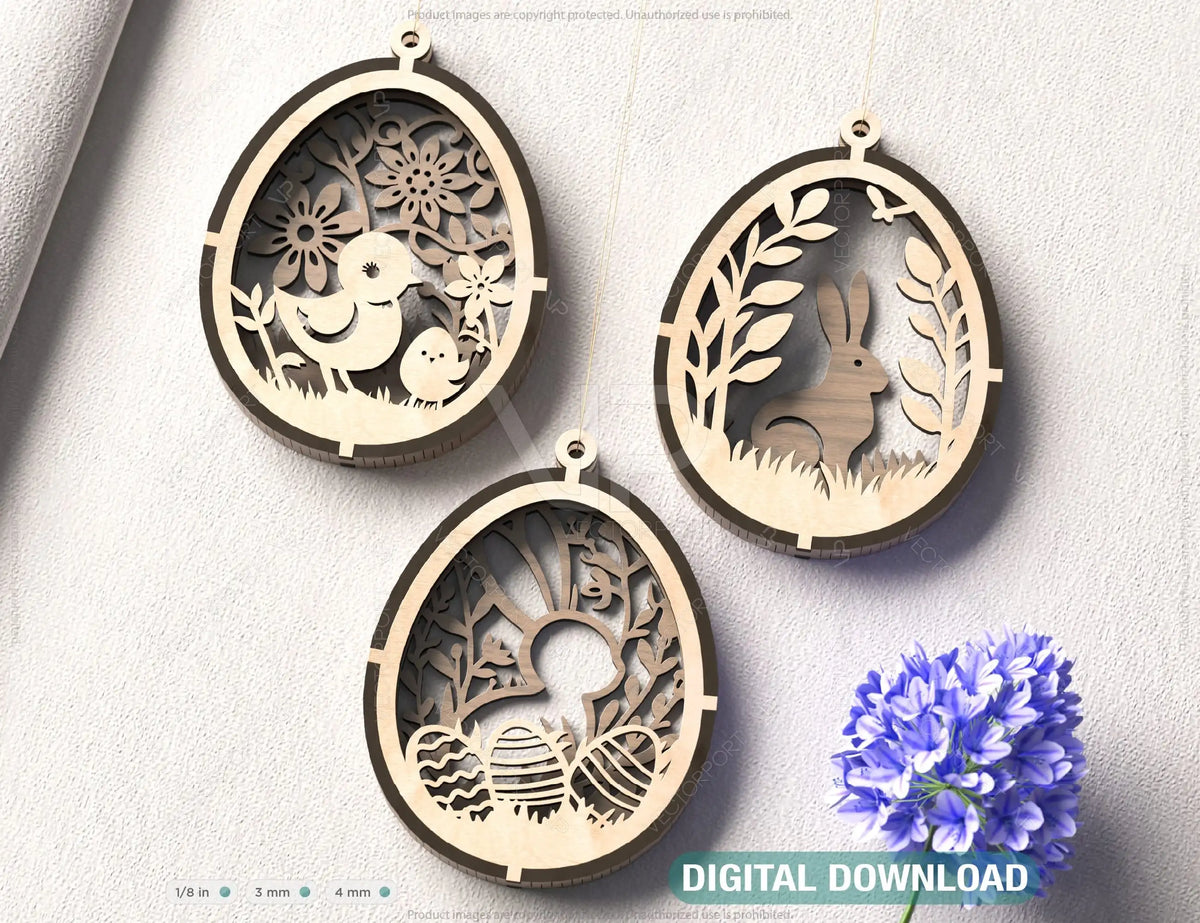 Easter Egg Hanging Ornaments Laser Cut Egg Rabbits SVG layered Decor, Floral Bunny multilayer Digital Download |#U367|