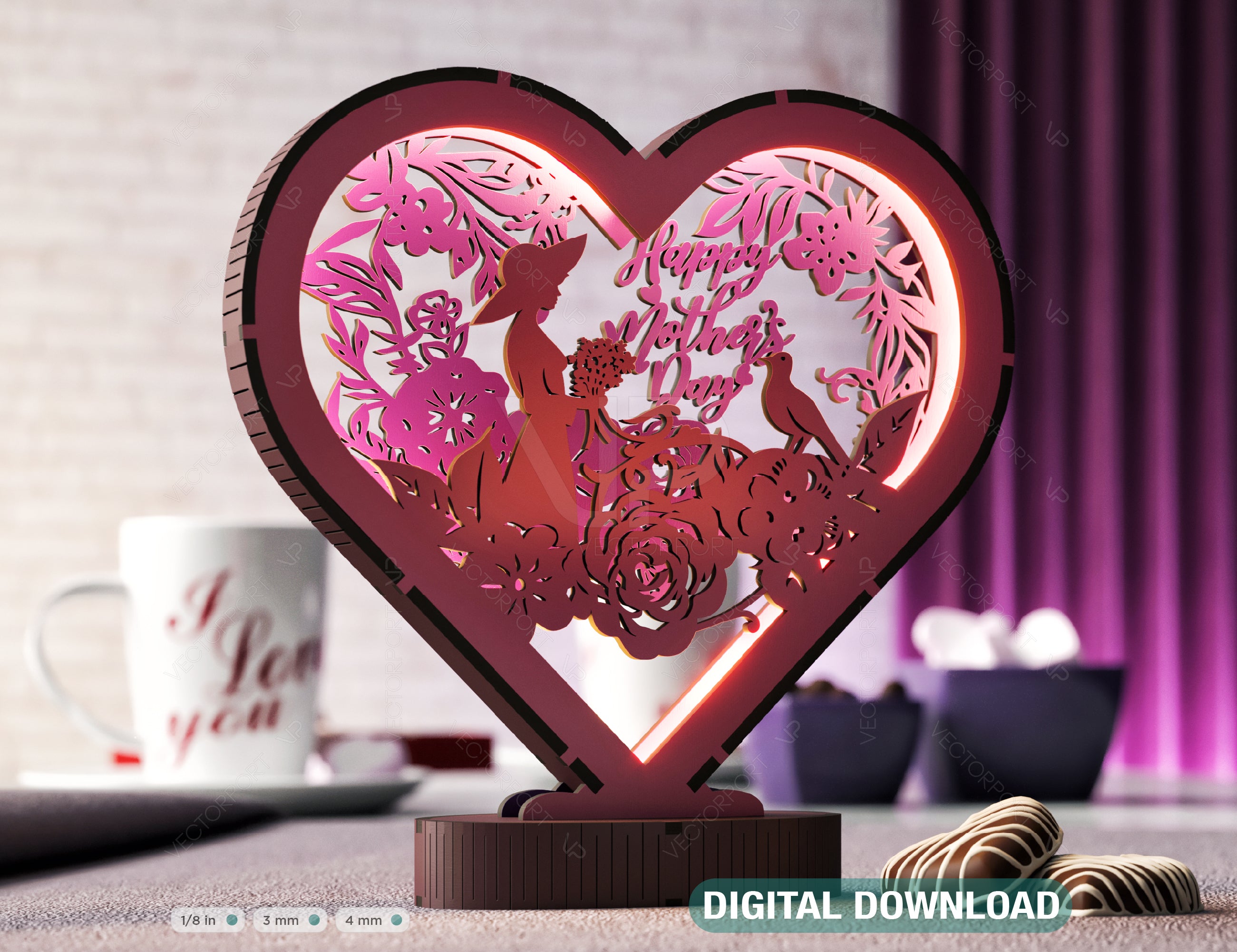 Harmony of Hearts: Artistic Table Lamp for Mother's Day 3D Led Light Laser Cut Night Lamp Heart shape Bedside Table Lamp Digital Download |#U371|