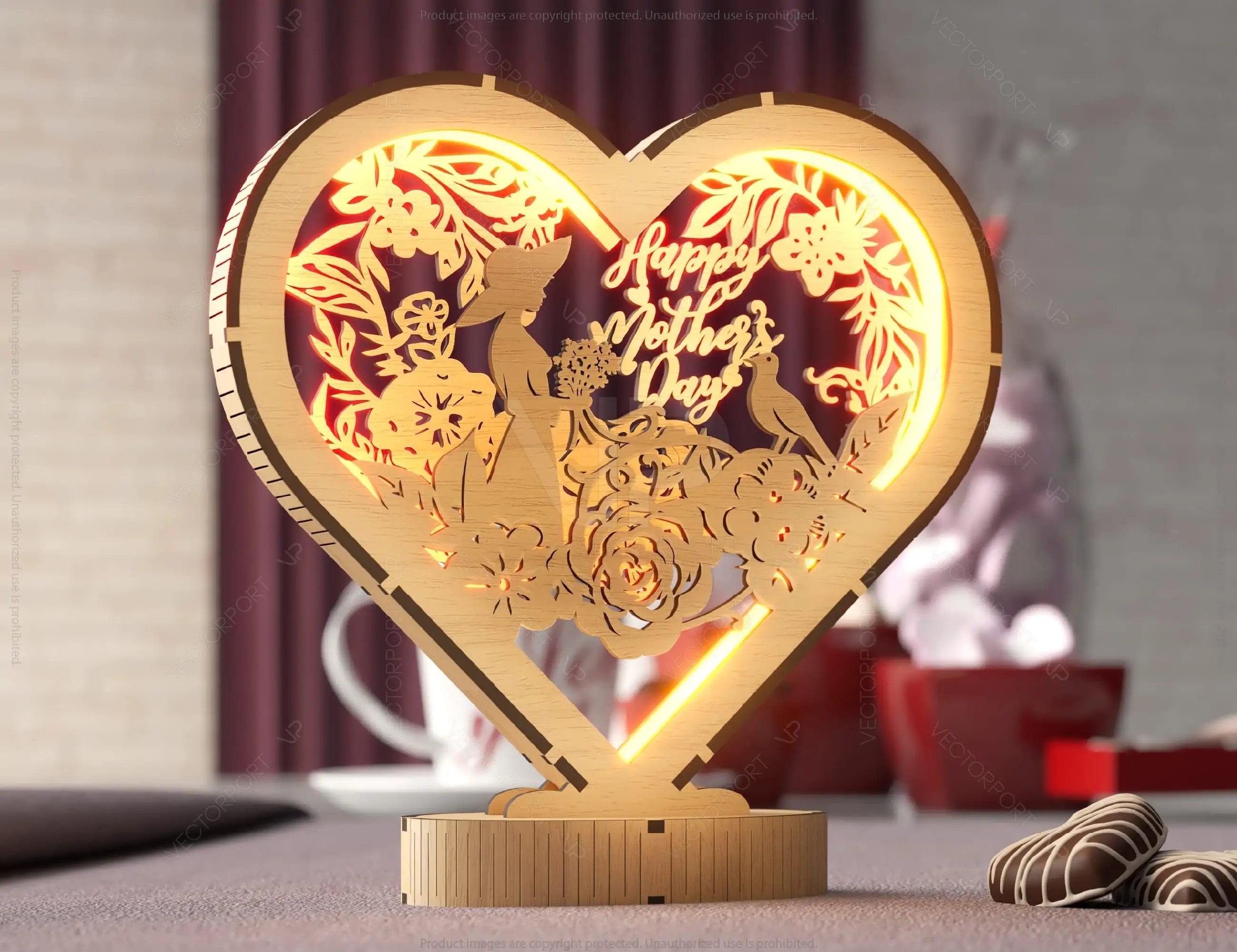 Harmony of Hearts: Artistic Table Lamp for Mother's Day 3D Led Light Laser Cut Night Lamp Heart shape Bedside Table Lamp Digital Download |#U371|