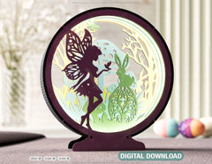Enchanting Easter: Round Table Lamp with Bunny and Fairy Silhouettes - LED Illumination Night Lamp Digital Download |#U375|