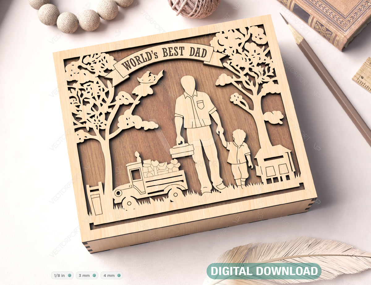 Father's Day engraved Gift Box – Dad and Son Themed laser cut SVG Template, Card Case Favor Box Digital Downloads |#U379|