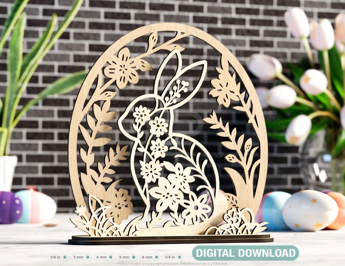 Spring Blooms & Bunnies: Standing Easter Bunny SVG Laser Cut Files, Bunny Floral Ornaments, Rabbit Silhouette Digital Download |#U394|