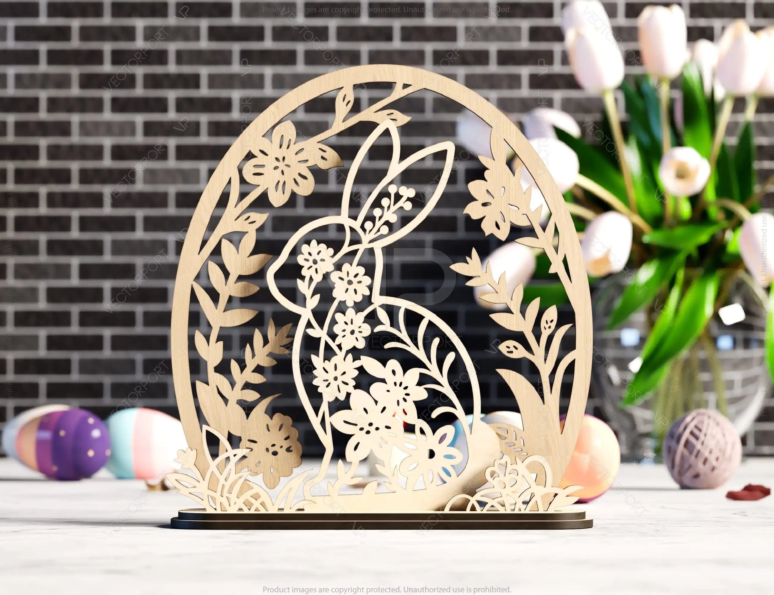 Spring Blooms & Bunnies: Standing Easter Bunny SVG Laser Cut Files, Bunny Floral Ornaments, Rabbit Silhouette Digital Download |#U394|