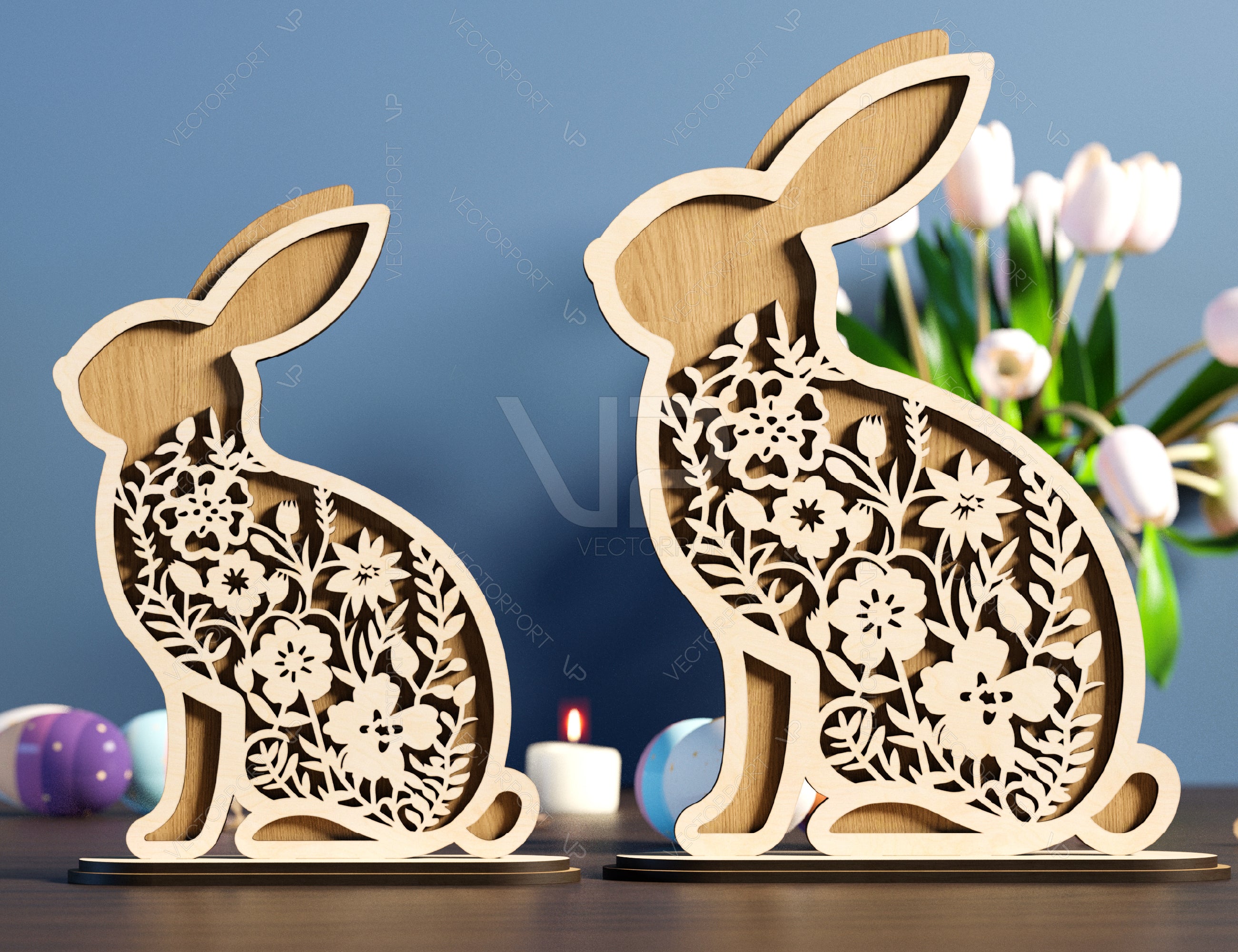 Adorable Standing Easter Bunny Spring Blooms & Bunnies SVG Laser Cut Files, Bunny Floral Ornaments, Rabbit Silhouette Digital Download |#U395|