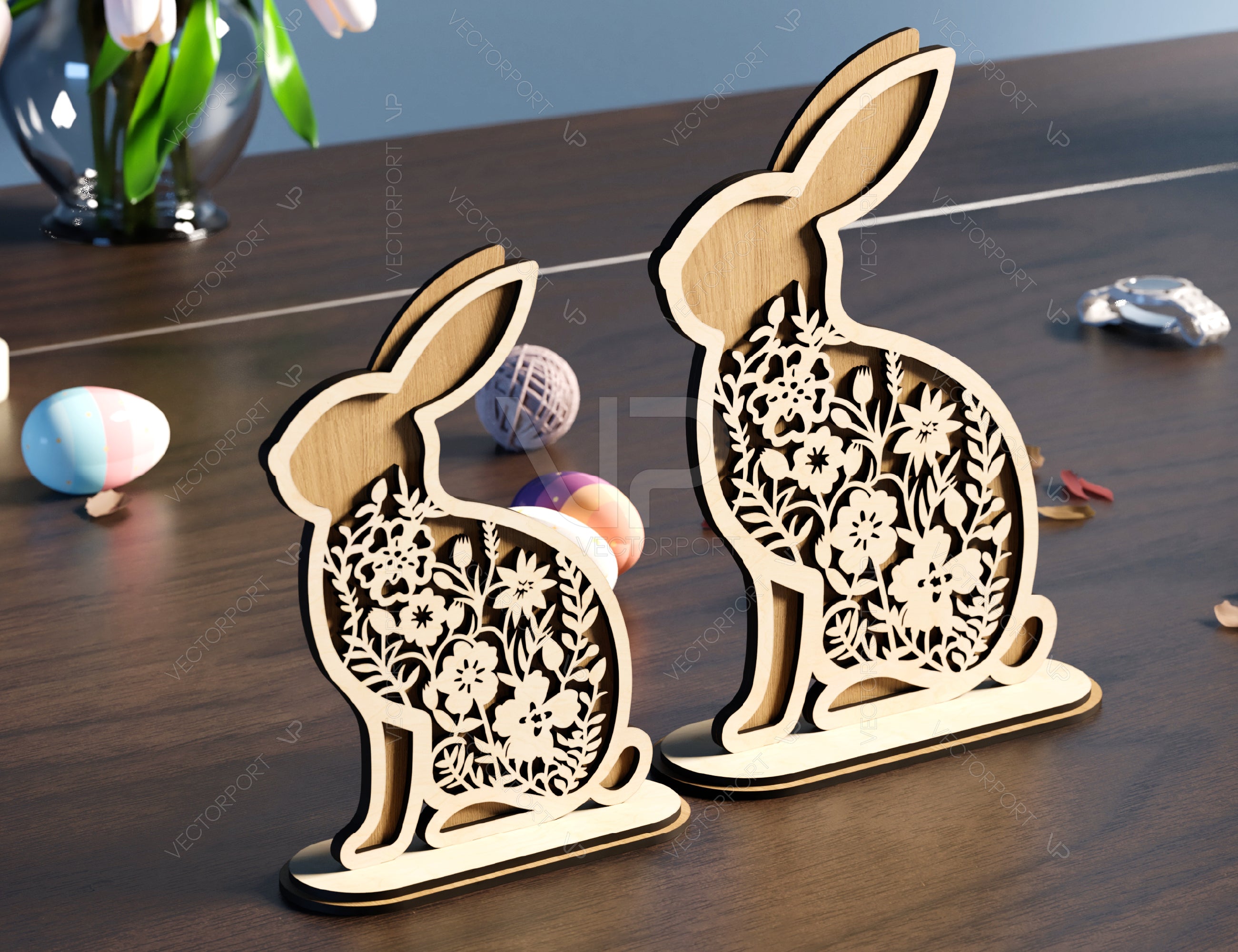 Adorable Standing Easter Bunny Spring Blooms & Bunnies SVG Laser Cut Files, Bunny Floral Ornaments, Rabbit Silhouette Digital Download |#U395|
