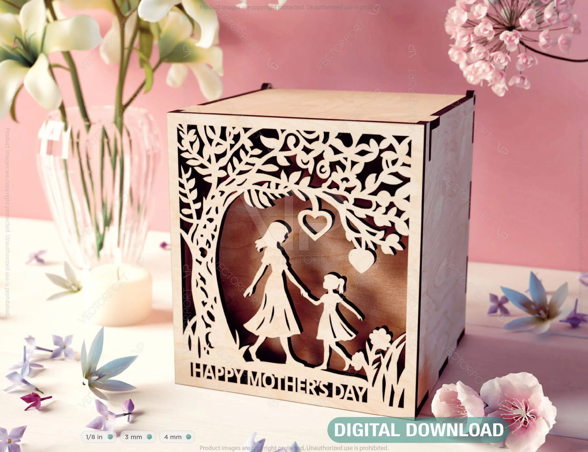 Wooden Opener engraved Gift Box – Mom and Daughter Themed laser cut SVG Template, Card Case Favor Box Digital Downloads |#U399|