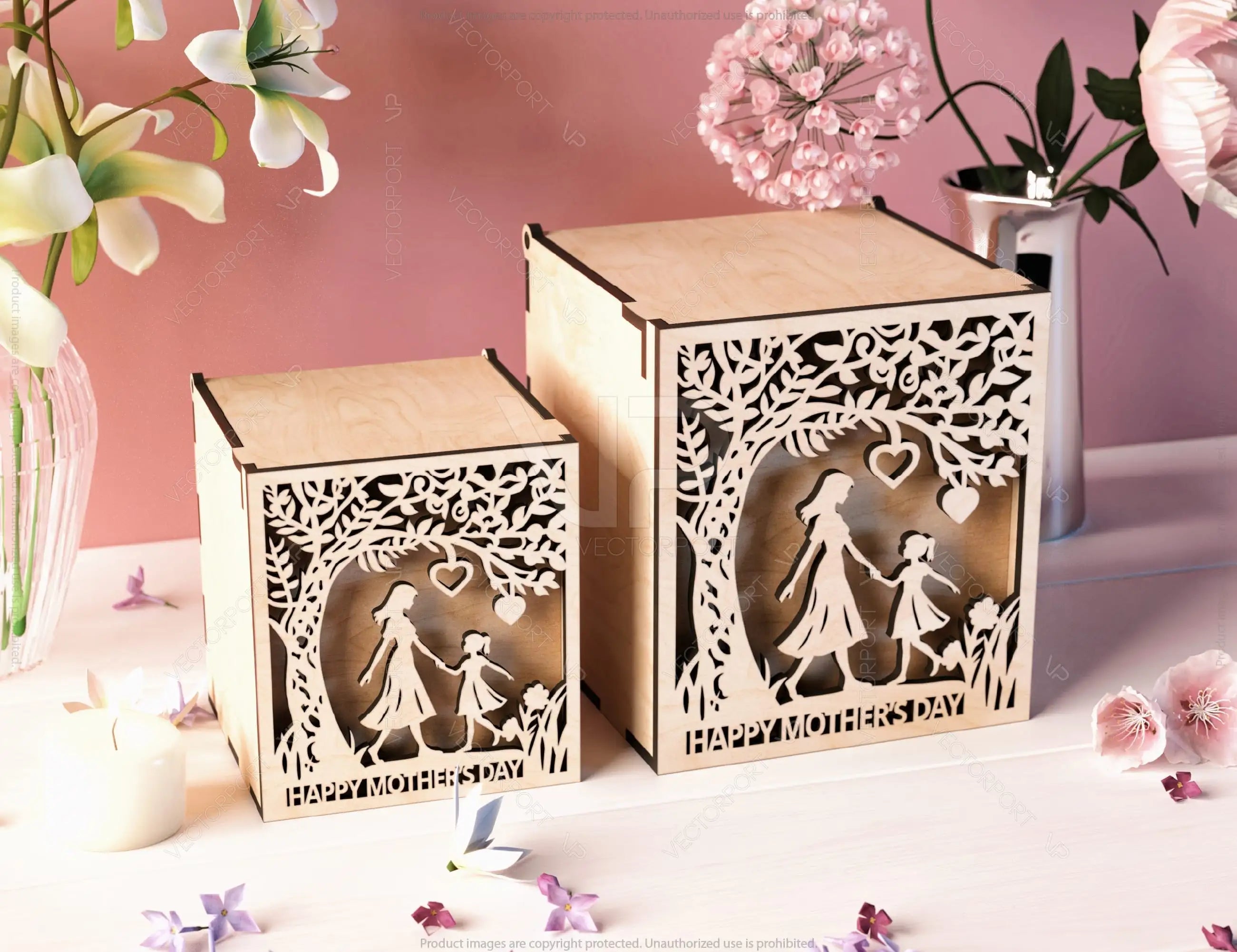 Wooden Opener engraved Gift Box – Mom and Daughter Themed laser cut SVG Template, Card Case Favor Box Digital Downloads |#U399|