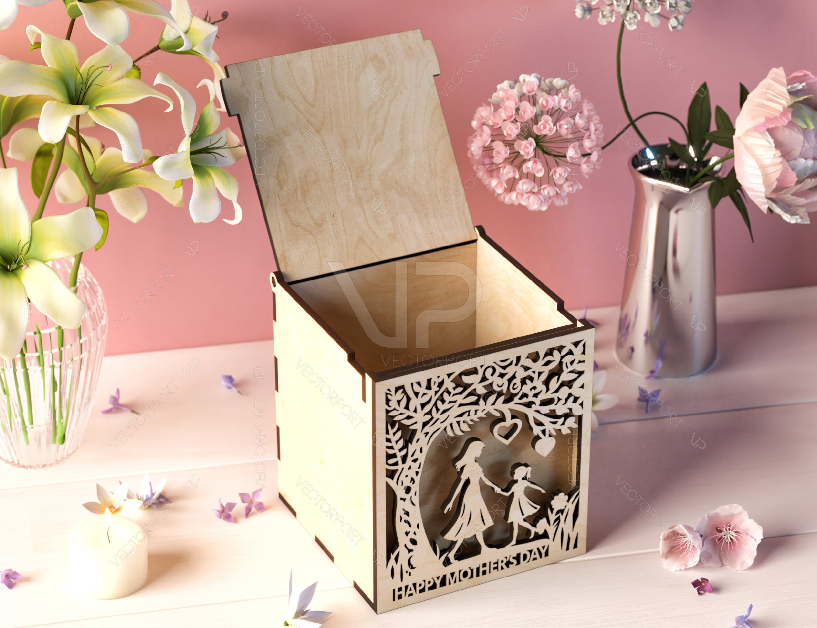 Wooden Opener engraved Gift Box – Mom and Daughter Themed laser cut SVG Template, Card Case Favor Box Digital Downloads |#U399|