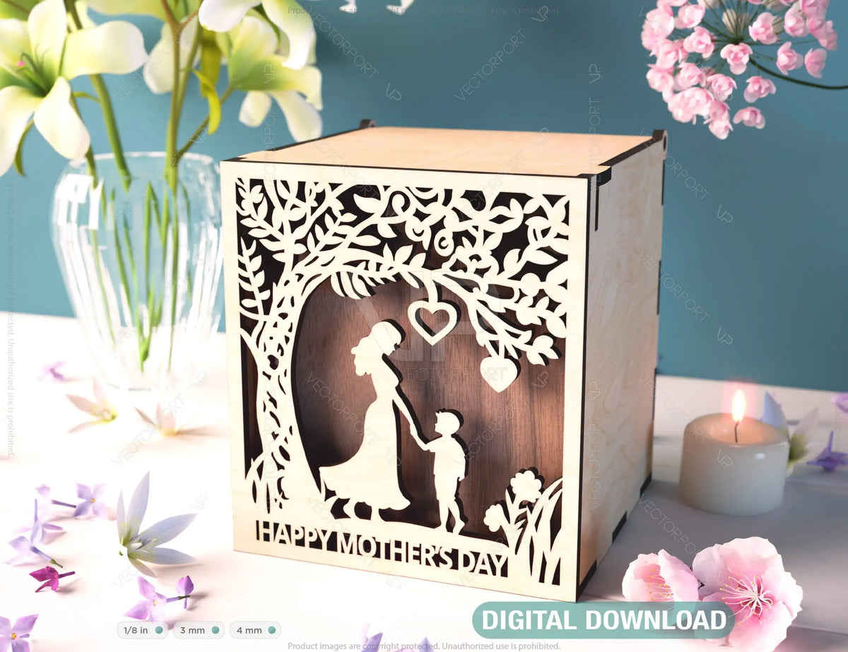 Wooden Opener engraved Gift Box – Mom and Son Themed laser cut SVG Template, Card Case Favor Box Digital Downloads |#U400|