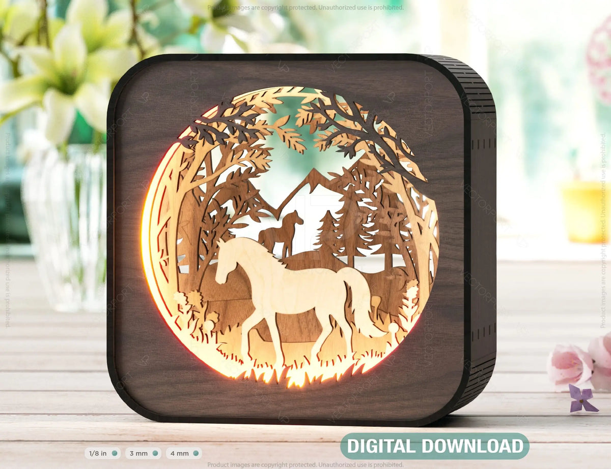 Horse Silhouette Forest Glow: Laser Cut LED Lamp Rectangle Night Lamp Forest Scene Digital Download |#U406|