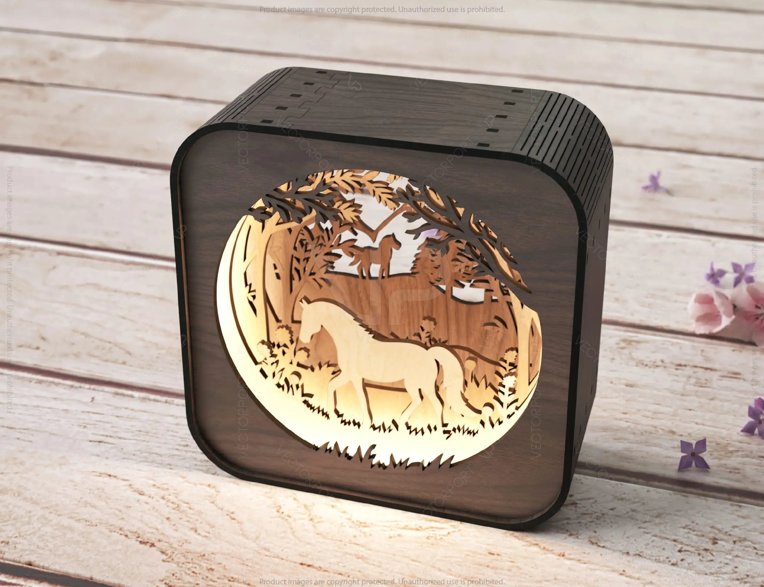 Horse Silhouette Forest Glow: Laser Cut LED Lamp Rectangle Night Lamp Forest Scene Digital Download |#U406|