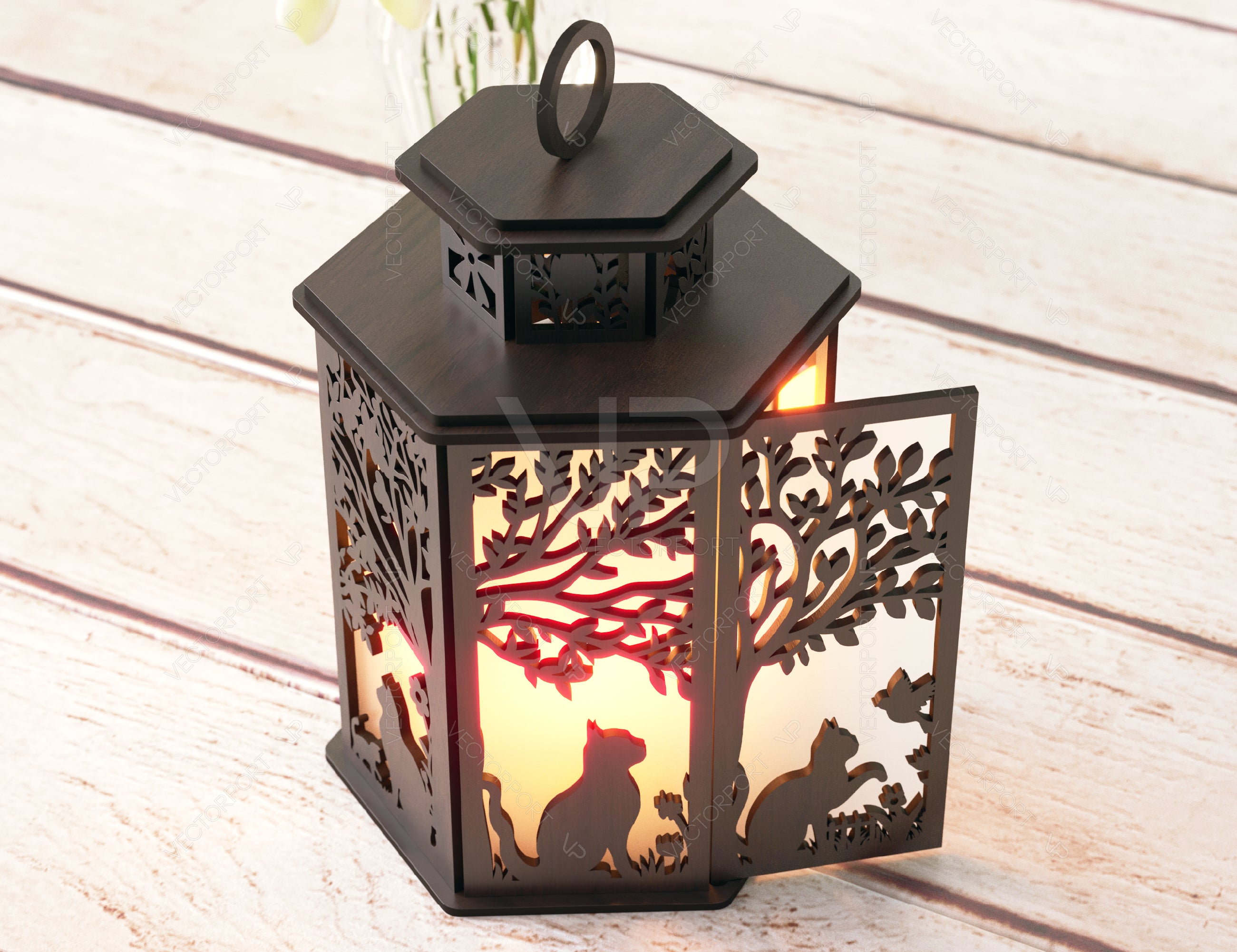 Cat Silhouette Lantern: Laser Cut Tealight Candle Holder Night Light Forest Scene Lantern Digital Download |#U410|