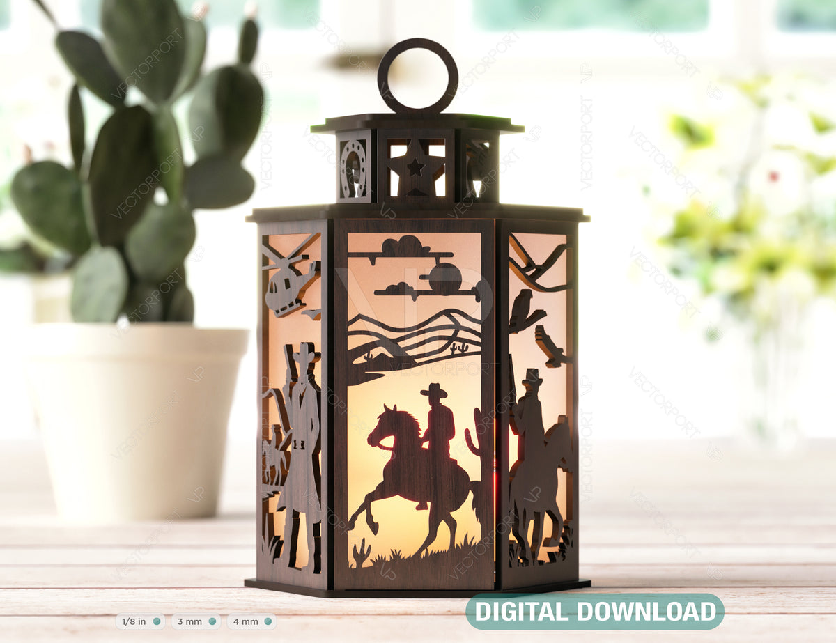 Cowboy Adventure Lantern: Light Up the Wild West Laser Cut Tealight Candle Holder Western-Themed Digital Download |#U411|