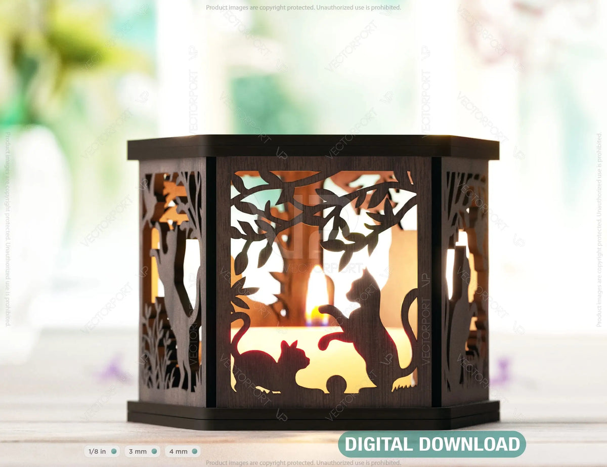 Cat Silhouette Lantern: Laser Cut Tealight Candle Holder Night Light Forest Scene Lantern Digital Download |#U412|