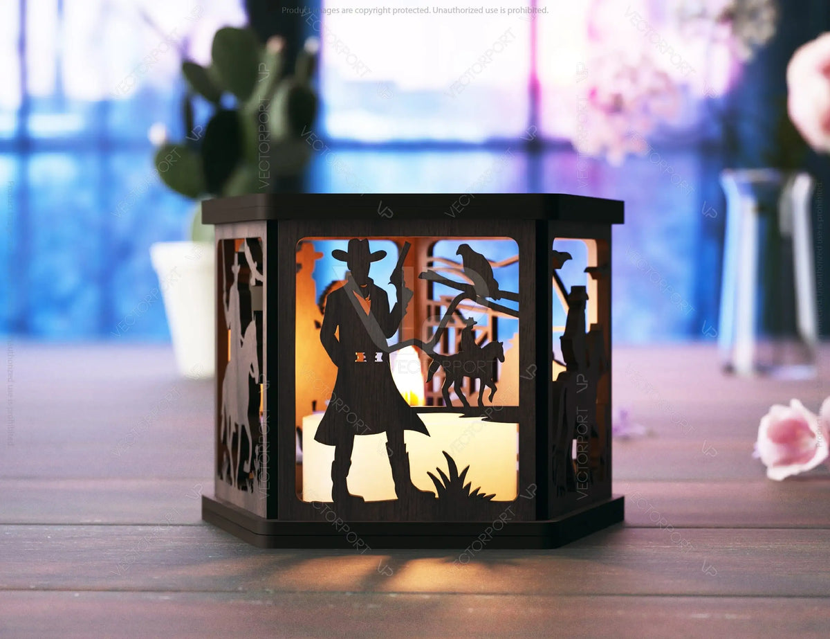 Cowboy Adventure Lantern: Light Up the Wild West Laser Cut Tealight Candle Holder Western-Themed Digital Download |#U413|