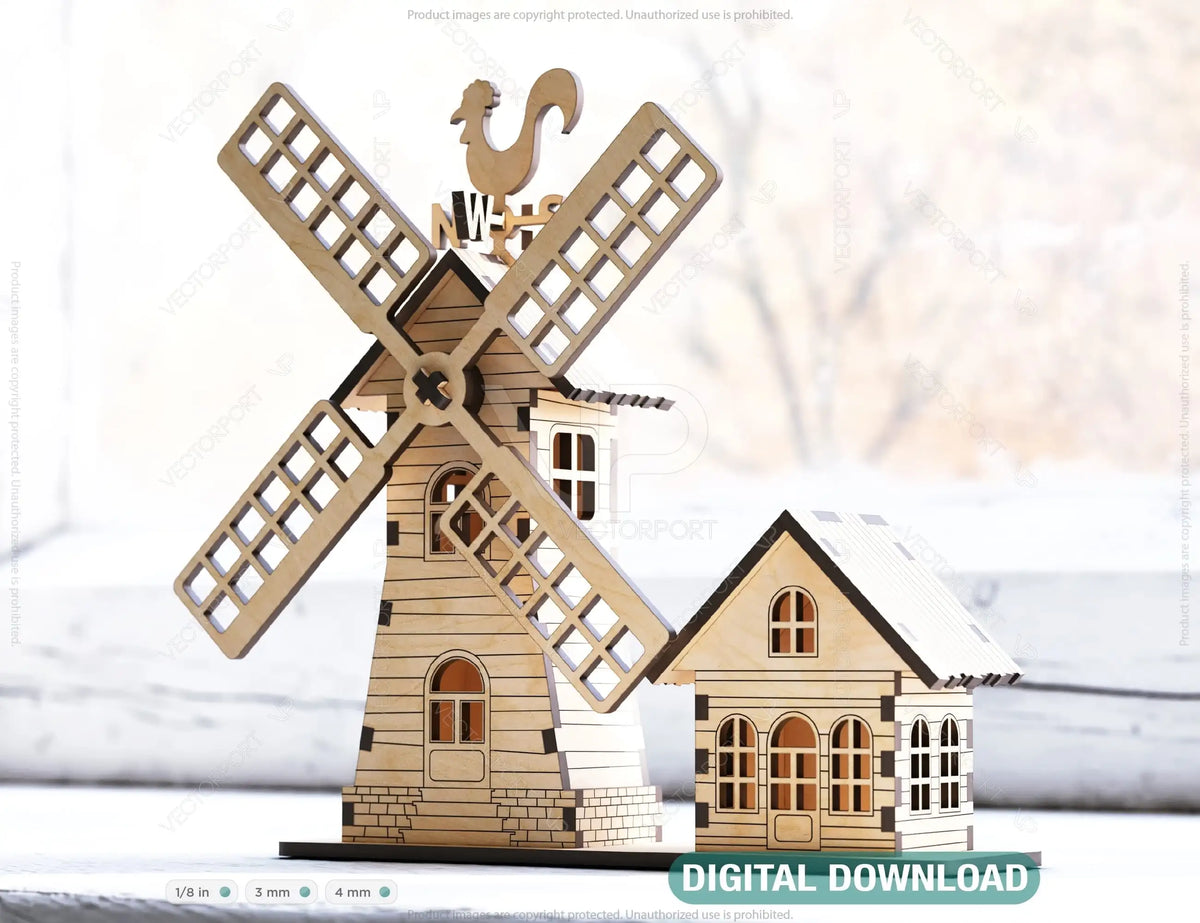 Charming Garden Scene: Miniature Windmill and Cottage Laser Cutting Digital Download |#U417|