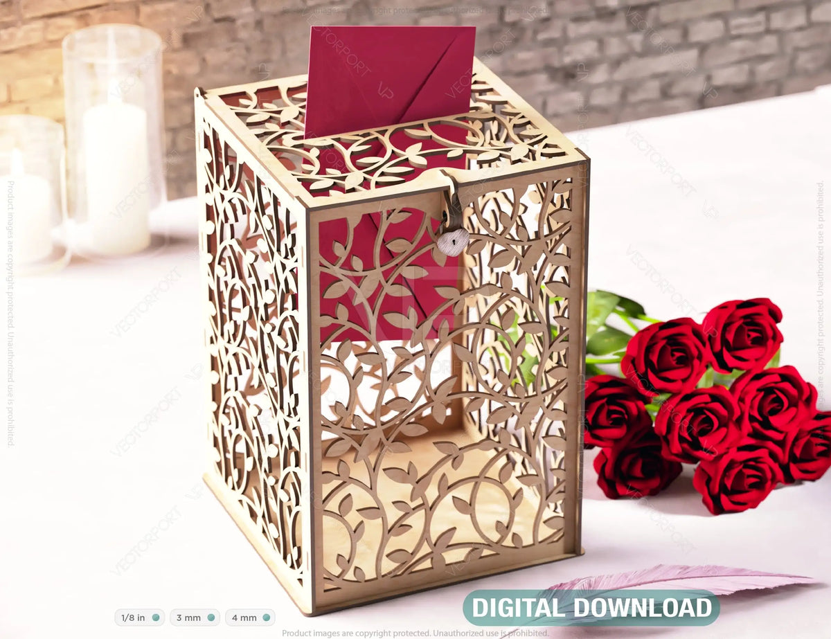 Floral Wedding Card Box with Laser-Cut Elegance Decoration Wooden Money Box With Lock Envelope Invitation Box SVG Digital Download |#U420|