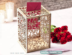 Floral Wedding Card Box with Laser-Cut Elegance Decoration Wooden Money Box With Lock Envelope Invitation Box SVG Digital Download |#U420|