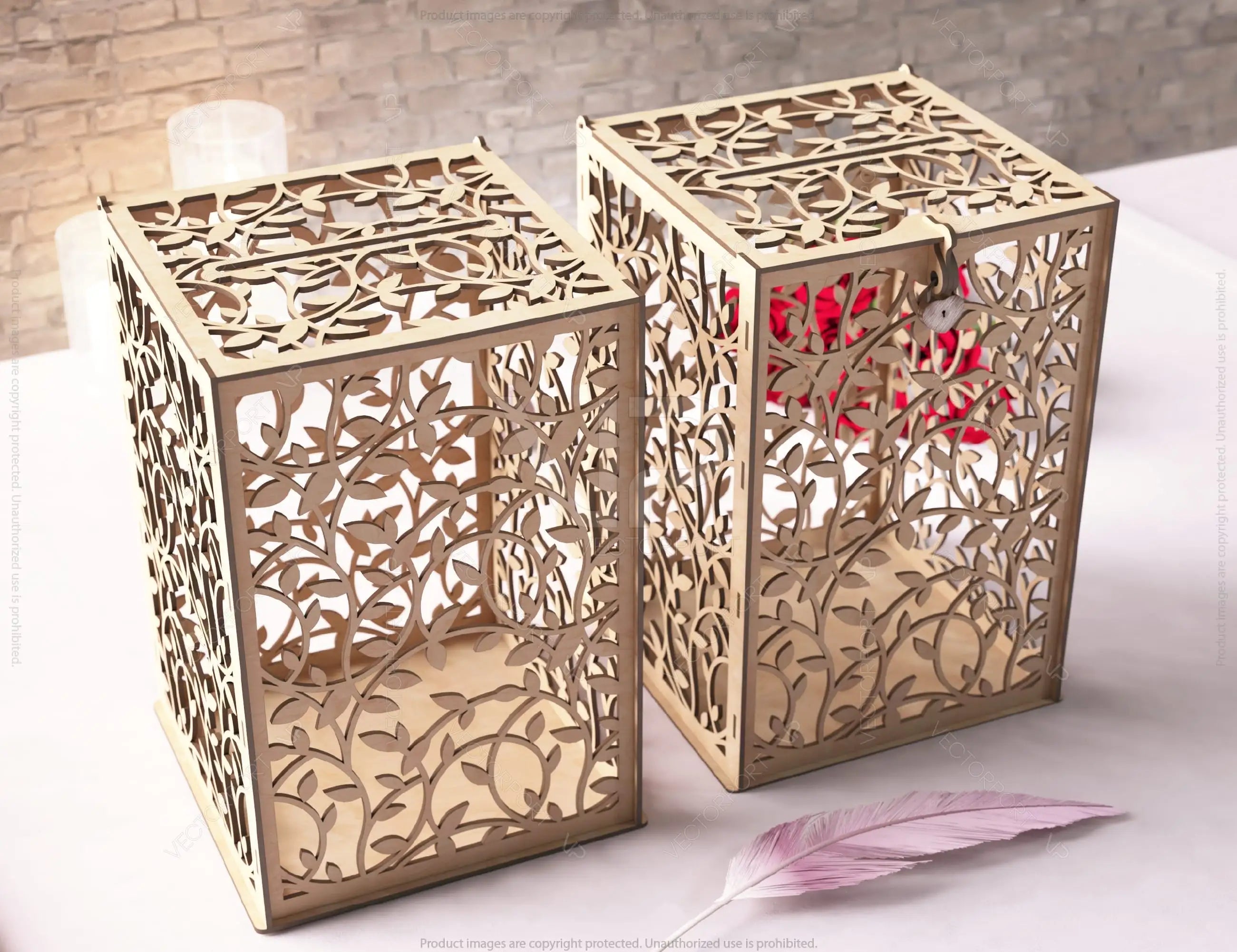 Floral Wedding Card Box with Laser-Cut Elegance Decoration Wooden Money Box With Lock Envelope Invitation Box SVG Digital Download |#U420|