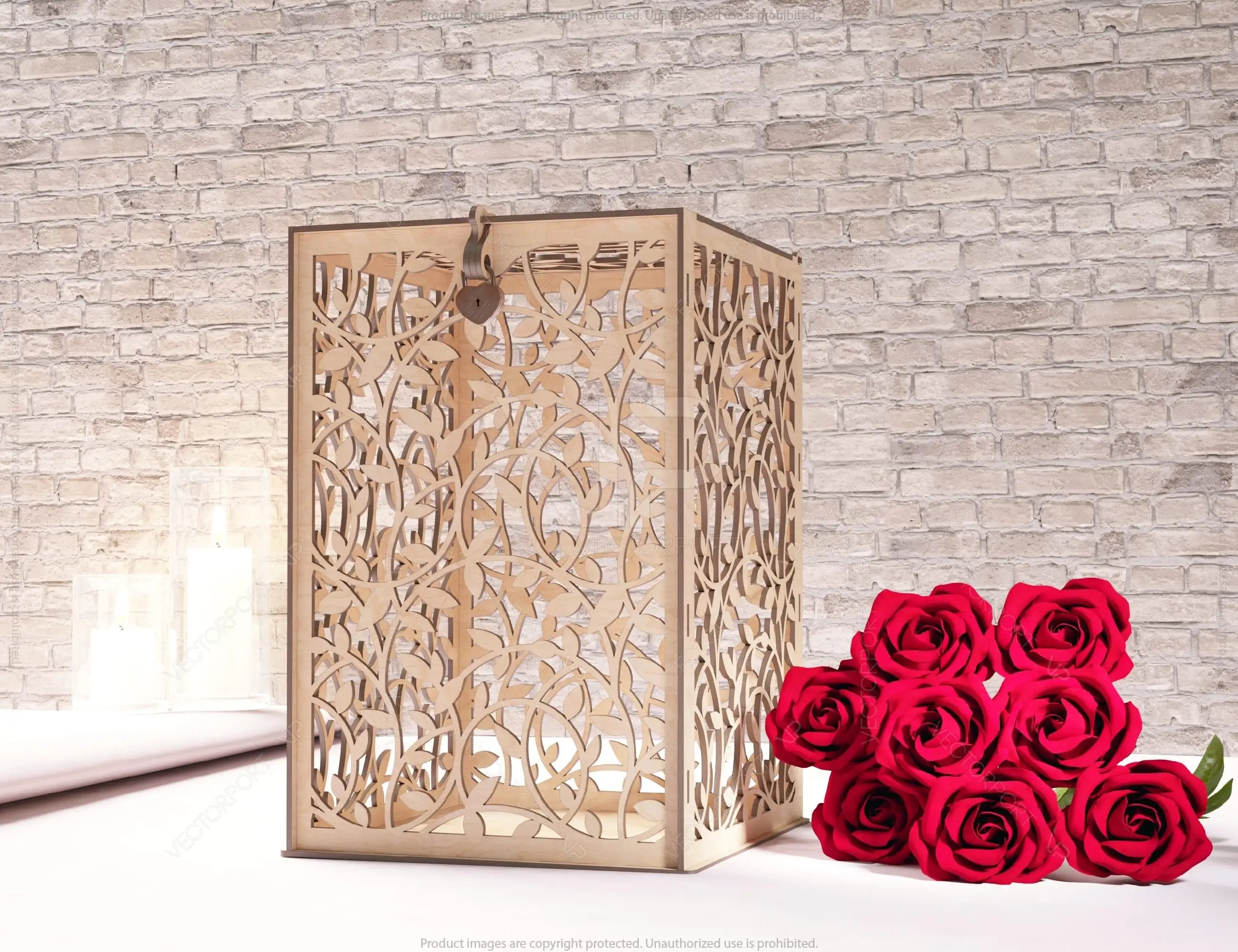 Floral Wedding Card Box with Laser-Cut Elegance Decoration Wooden Money Box With Lock Envelope Invitation Box SVG Digital Download |#U420|