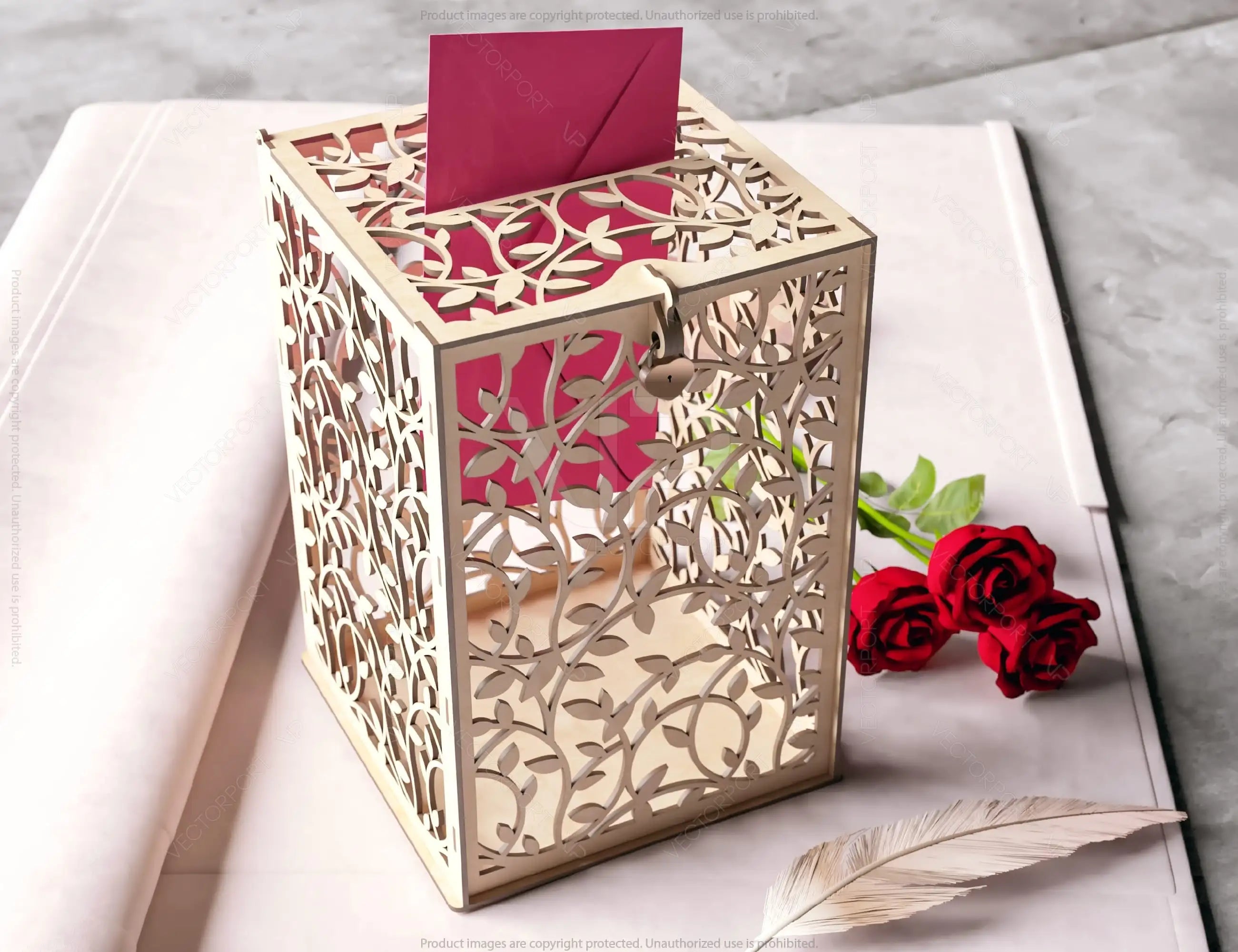 Floral Wedding Card Box with Laser-Cut Elegance Decoration Wooden Money Box With Lock Envelope Invitation Box SVG Digital Download |#U420|