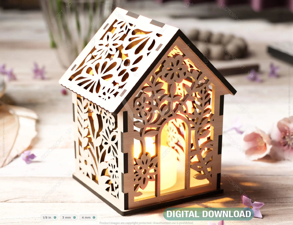 Floral Wooden 3D Home Shape Lantern: Tealight Candle Holder Night Light Digital Download |#U427|