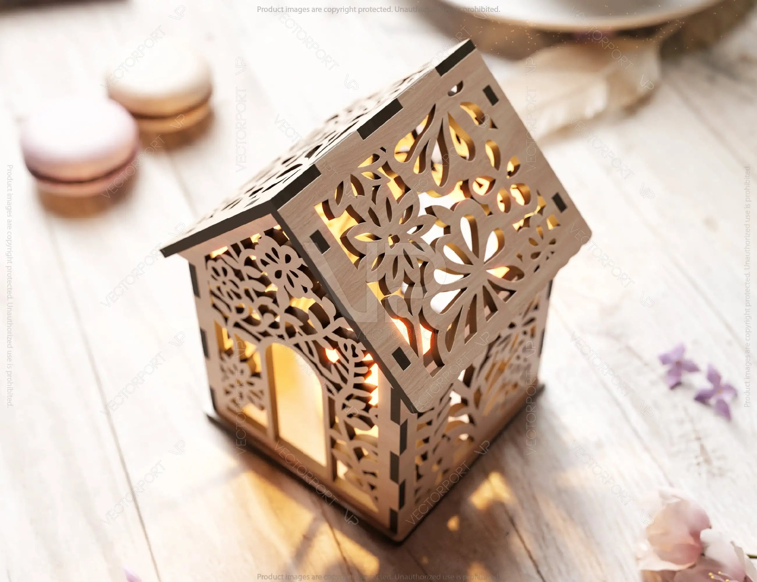 Floral Wooden 3D Home Shape Lantern: Tealight Candle Holder Night Light Digital Download |#U427|