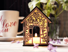 Floral Wooden 3D Home Shape Lantern: Tealight Candle Holder Night Light Digital Download |#U427|