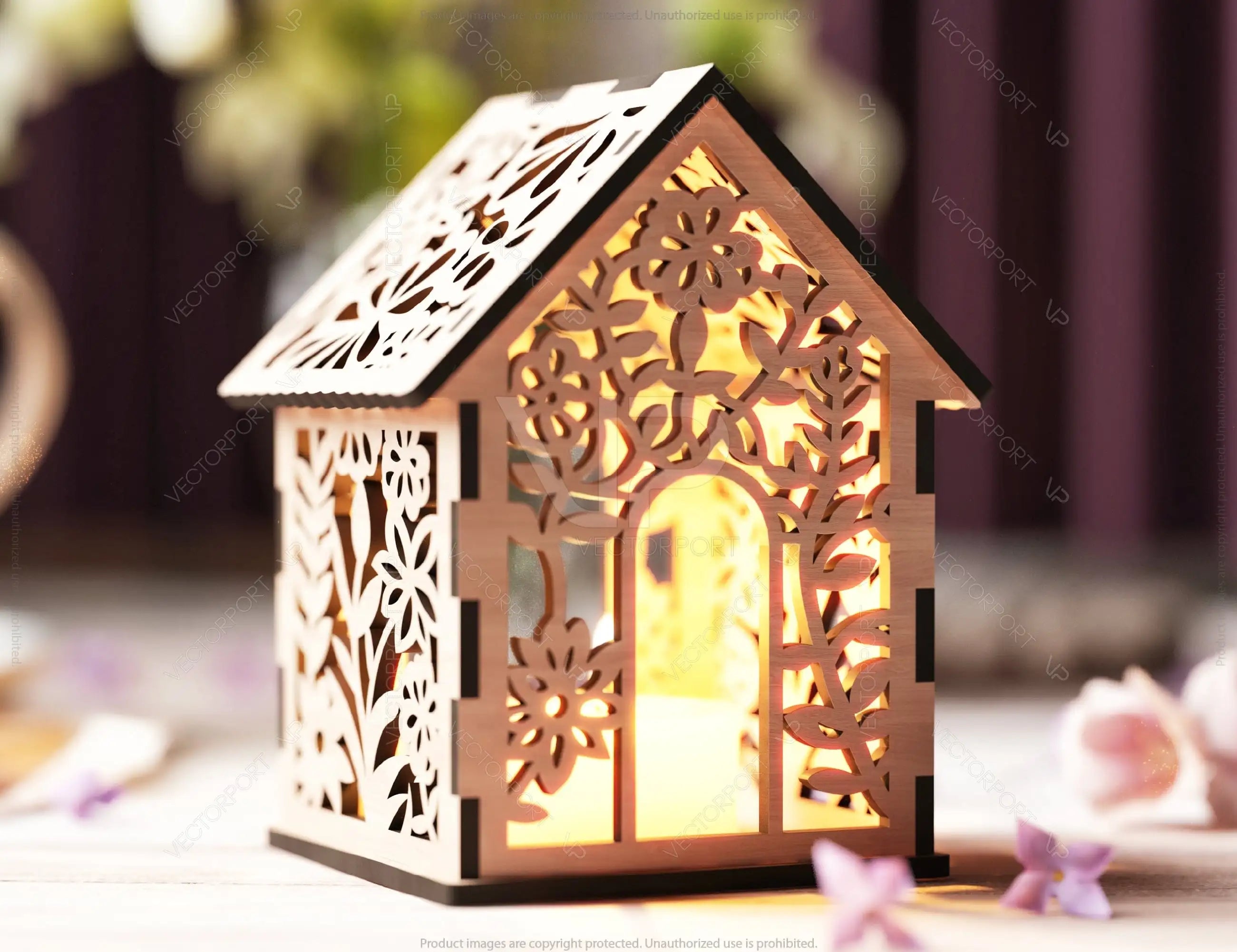 Floral Wooden 3D Home Shape Lantern: Tealight Candle Holder Night Light Digital Download |#U427|