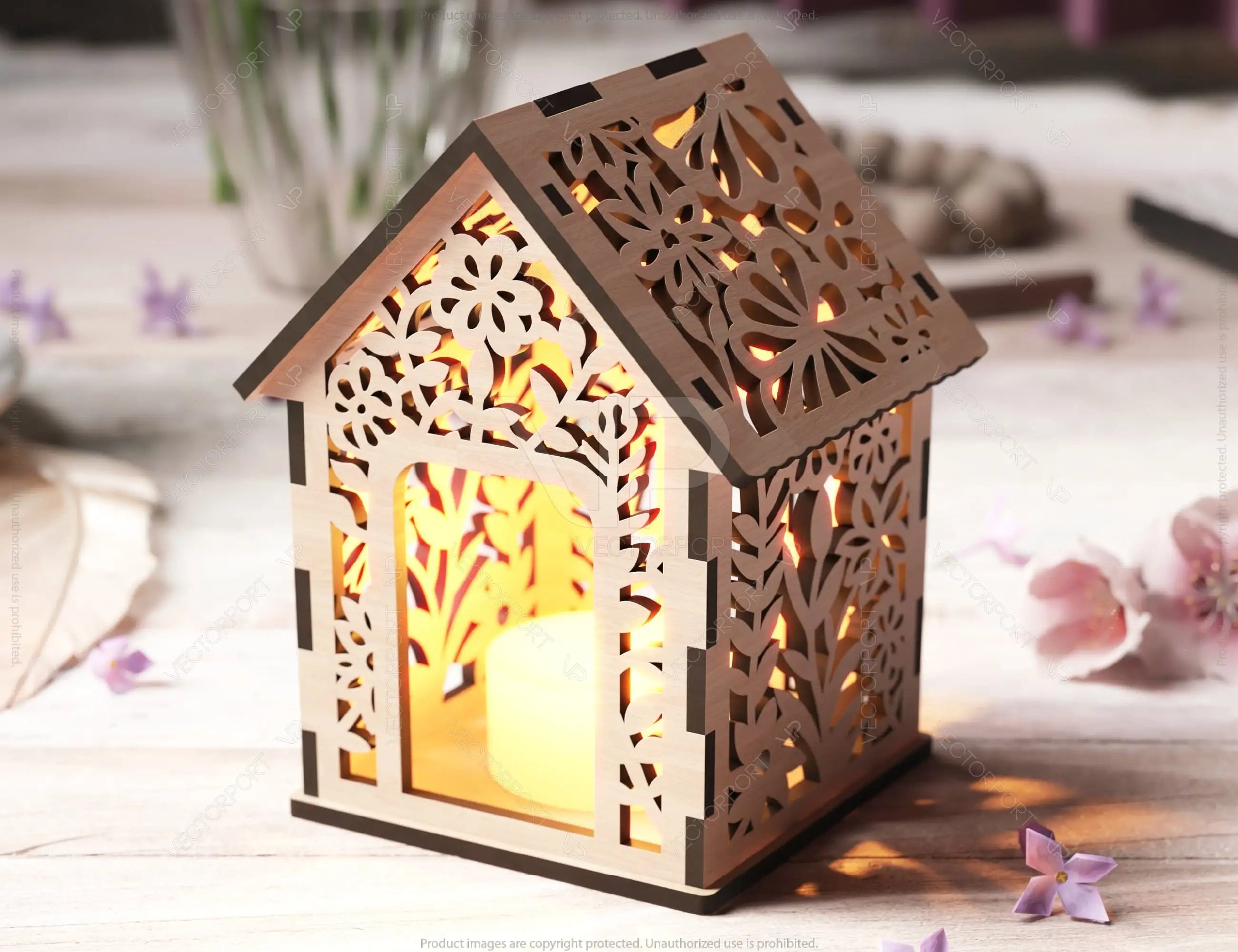 Floral Wooden 3D Home Shape Lantern: Tealight Candle Holder Night Light Digital Download |#U427|