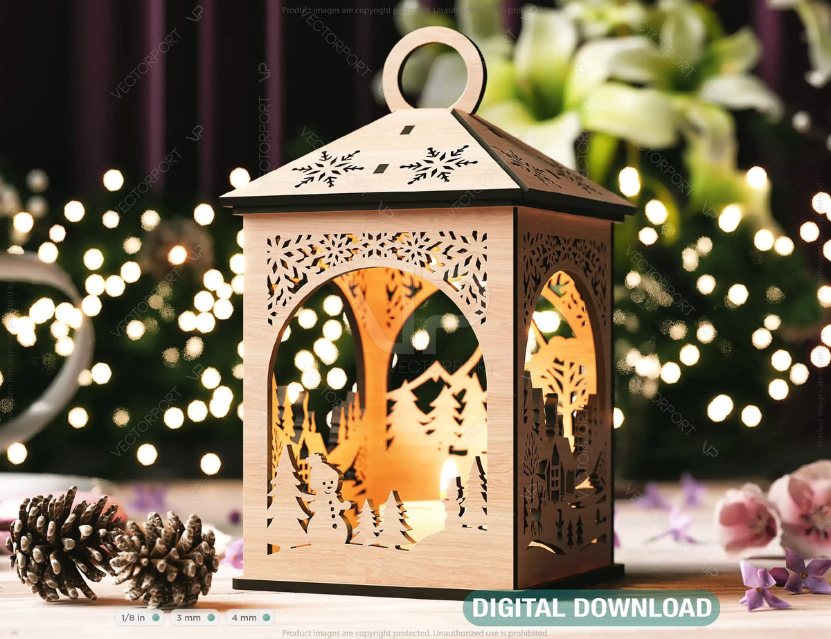 Snowy Scene Christmas Lantern: 3D Laser Cut Candle Holder, Winter Wonderland Decoration Night Light, Digital Download |#U428|