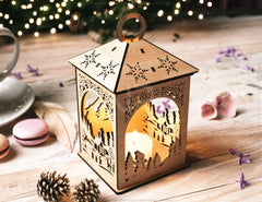 Snowy Scene Christmas Lantern: 3D Laser Cut Candle Holder, Winter Wonderland Decoration Night Light, Digital Download |#U428|